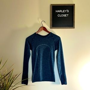 Lululemon Athletica Swiftly Tech long sleeve, navy blue shirt.